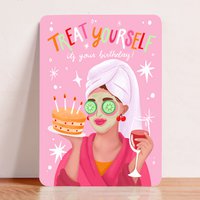 Card Birthday Woman Cake Wine Treat yourself Relax postcard