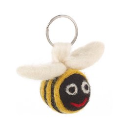 Handmade needle felt fair trade bee keyring. Fuzzy yellow and black bee-shaped keyring with large eyes.