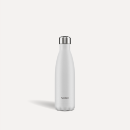 A white, stainless steel insulated water bottle with a sleek, cylindrical shape.