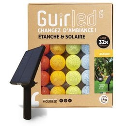 Colorful solar-powered string lights with round LED bulbs in various bright colors. The lights are designed for outdoor use and can change color and brightness to create different ambiance settings.