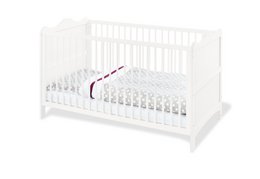 White wooden cot bed with slatted sides and a headboard. Suitable for a baby or toddler.