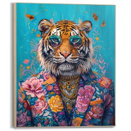  Vibrant floral tiger portrait in a framed panel. Colorful, artistic depiction of a tiger wearing a patterned jacket against a turquoise background.