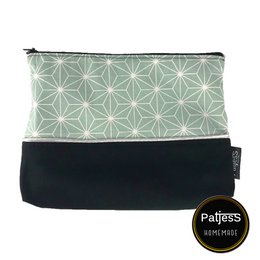  A set of 3 toiletry and cosmetic bags in a geometric star pattern, available in gray, pastel green, and beige colors. The bags feature a black accent panel and measure 21x17cm.