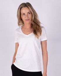  White short-sleeved cotton t-shirt with deep V-neck, available in sizes XL, L, M, S, XS.