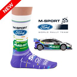  M-Sport Ford WRC rally racing socks purple green colorblock logo text design