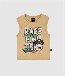 "Kids sleeveless tank top with 'Race Fighters' text graphic, available in forest green and desert tan colors."