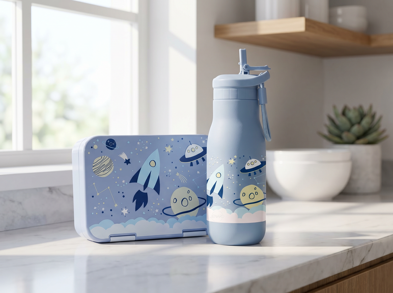 Gourde pour enfants JENARD® en acier inoxydable - bouteille thermos étanche, à double paroi, sans BPA, pour l'école et la maternelle. Bleu / Espace - Espace