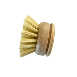  Interchangeable bamboo dishwashing brush head with soft sisal bristles or rigid palm bristles, available with or without packaging. Eco-friendly and sustainable cleaning tool.