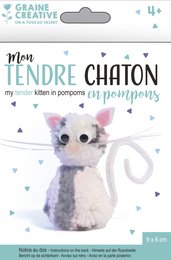 DIY pompom kit to create a cute cat figure. Includes materials and instructions to make a soft, fluffy cat with gray and white colors.