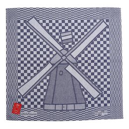 A gray and white checkered tea towel with a windmill design. The towel features a simple, graphic representation of a windmill with crossed blades against a checkered background.