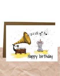 Vintage-style birthday card with a gramophone and musical notes, featuring a happy birthday message.