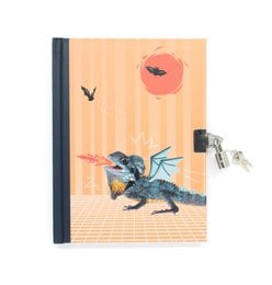 A colorful diary with an illustration of a dragon-like creature on the cover, against an orange background with a sun and flying bats. The diary is titled "Dagboekje Dragon Warrior" and is categorized as a Kids Diary.