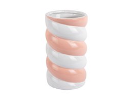  Tall, cylindrical vase with alternating white and peach-colored bands. Suitable for displaying a single flower or small floral arrangement.