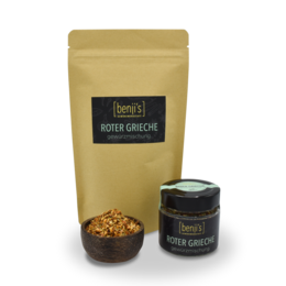 Red Greek spice mix in a resealable pouch and glass jar. Contains a blend of traditional Greek spices.