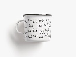 White enamel cup with a repeating black bosom friends graphic pattern.
