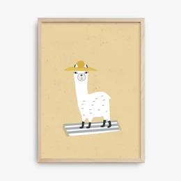  Whimsical poster featuring a llama wearing a scarf, perfect for decorating a kids' room. Includes details like the llama's shape, pattern, and accessories.