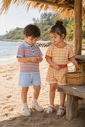  Kids knit set with striped short sleeves, blue and orange color options, comfortable casual wear.