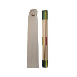  Wooden mikado game with colorful sticks in a beige carrying case.