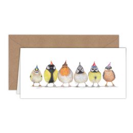 Colorful, whimsical birthday card featuring a group of cute party birds wearing festive hats and accessories. The card is suitable for a variety of birthday celebrations.