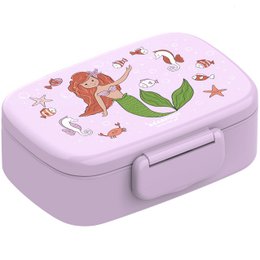 A children's lunch box with compartments, light and leak-proof, featuring a mermaid design. The lunch box is made of durable, food-safe materials and has multiple compartments to keep food organized and fresh.