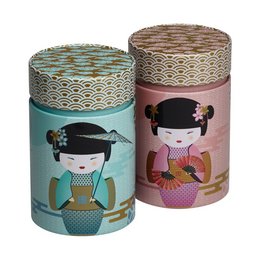 Decorative storage jars featuring a Japanese geisha design. The jars have a round, cylindrical shape and are made of a durable material. The design includes a repeating pattern of geometric shapes in shades of green, brown, and pink, with a central image of a geisha figure.