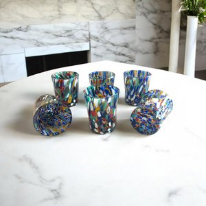 6 glazen arlecchino in glas en handwerk glas met murrine di murano, "i colori di murano" 140 ml lijn. Gemaakt in Italië