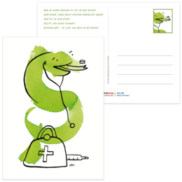 Green get well soon card with a smiling snake holding a medical bag.