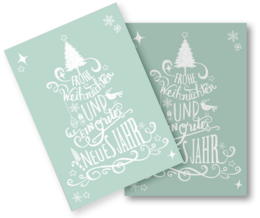 Christmas card with festive lettering and holiday icons in mint green and white color scheme.
