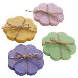  Flower-shaped coasters set, four colorful pieces in pink, yellow, green, purple with twine ties.
