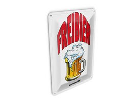 Red white metal tin sign beer mug "Freibier gibt's morgen" German text vintage style wall decor