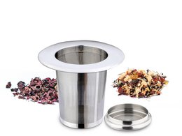 Stainless steel tea filter with wide rim, suitable for loose leaf tea brewing.
