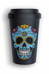 Colorful sugar skull design on a black travel cup with a lid. The cup features a vibrant, intricate pattern of flowers and other decorative elements surrounding the skull motif.