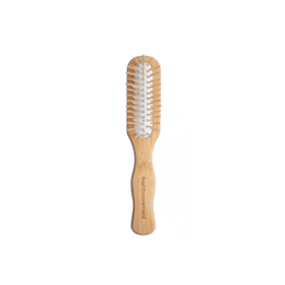 Sustainable and eco-friendly wooden hairbrush with natural bristles for detangling hair. Made from renewable materials.
