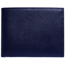 Navy blue saffiano leather wallet with 8 credit card slots and a billfold compartment.