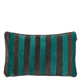  Rectangular throw pillow in green and brown striped cotton fabric.