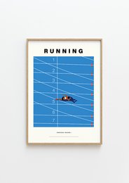 A vibrant, minimalist poster depicting a runner on a blue track. The poster features the word "RUNNING" prominently displayed, capturing the dynamic energy of the sport.