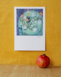  Colorful abstract art print featuring whimsical, organic shapes and forms in shades of green, blue, and purple.