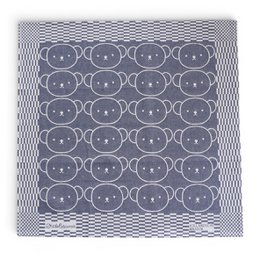 Tea towel with a checkered pattern and an illustration of the character Miffy. The towel is made of cotton and features a navy blue and white color scheme.