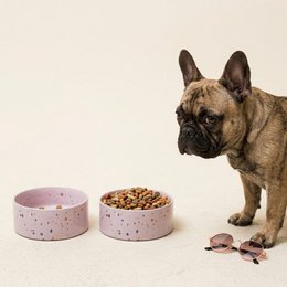  Two round, lilac-colored pet bowls with speckled patterns. Suitable for pet food or water.