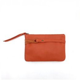Rectangular orange clutch with zipper closure and leather detailing.