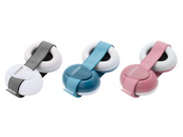 White baby hearing protector with Snow White design, suitable for kids. Includes soft, adjustable headband and carrying pouch.