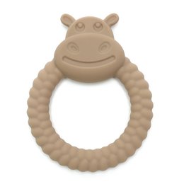  Soft silicone teething toy in the shape of a bunny with textured rings for soothing gums. Khaki color.