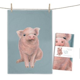 A cute, pink piglet sitting on a light blue background. The piglet has a friendly, playful expression.