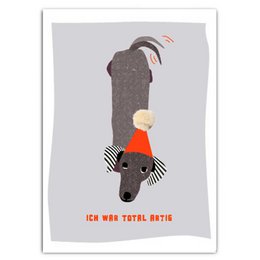  Postcard with a playful illustration of a person in a striped outfit and a large hat, with the text "I was totally good" in German.