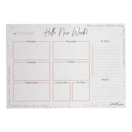 A5 weekly planner with "Hello new week" text and sections for planning daily tasks and activities.