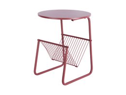  Round mauve side table with wire magazine rack storage, modern minimalist design, metal frame furniture