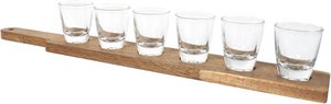 Houten Plank met 6 Shot Glazen - 42 x 6 x 8 cm - Shotglazen - Bar Accessoires - Shotglazen - Shotjes - Cadeau - Bruin