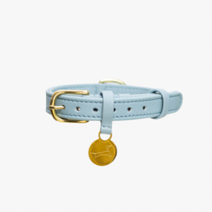 Hondenhalsband luxe leer met naam penning - Klassiek - Licht Blauw