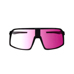 Black and pink oversized wraparound sunglasses with a sporty, modern style.