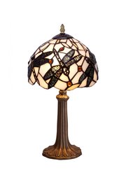 A table lamp with a Tiffany-style glass shade in a Pedrera Series design. The shade has a diameter of 20 cm and features a mix of colors including cream, brown, and red. The lamp has a rubber base.
